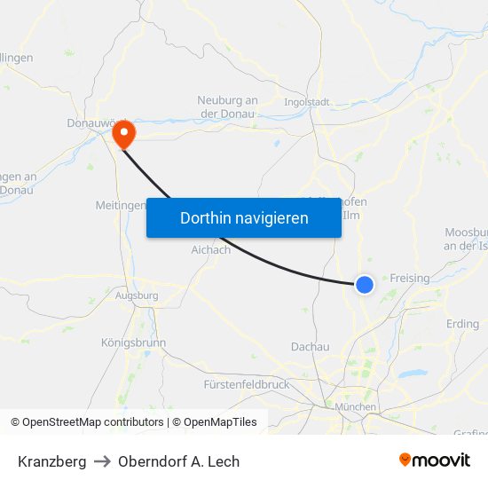 Kranzberg to Oberndorf A. Lech map