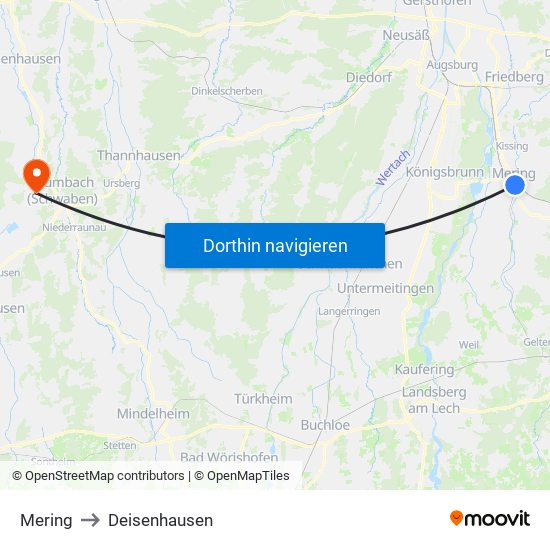 Mering to Deisenhausen map