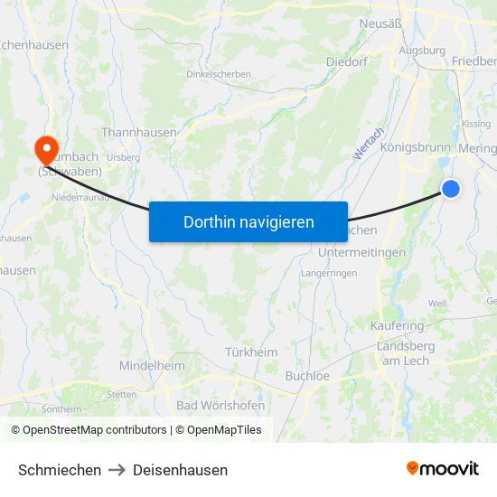 Schmiechen to Deisenhausen map