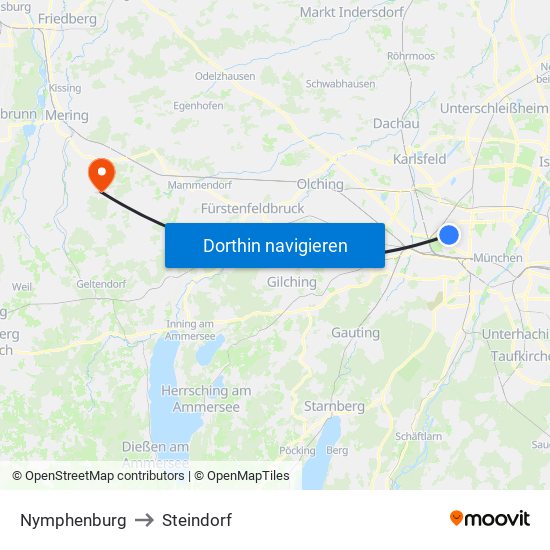 Nymphenburg to Steindorf map