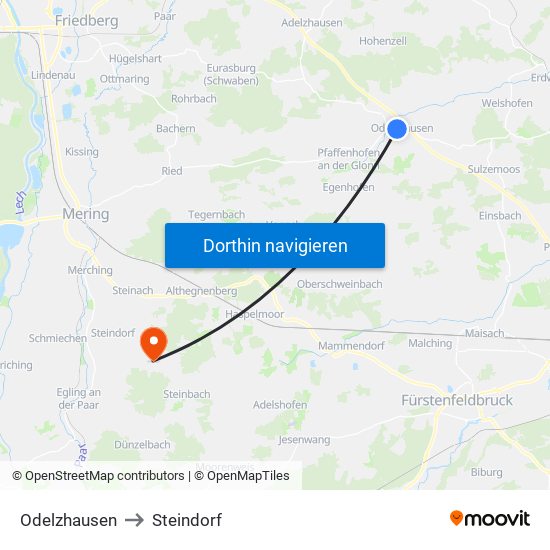 Odelzhausen to Steindorf map