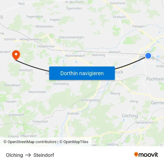 Olching to Steindorf map
