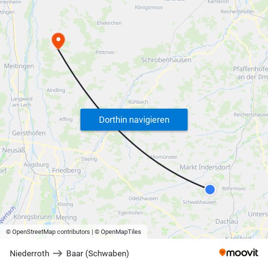 Niederroth to Baar (Schwaben) map