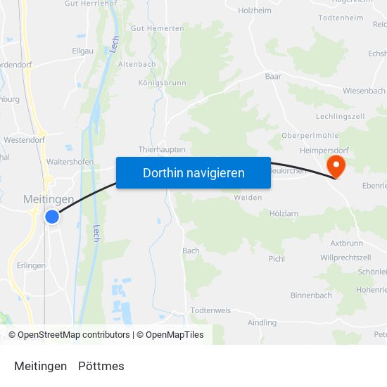 Meitingen to Pöttmes map