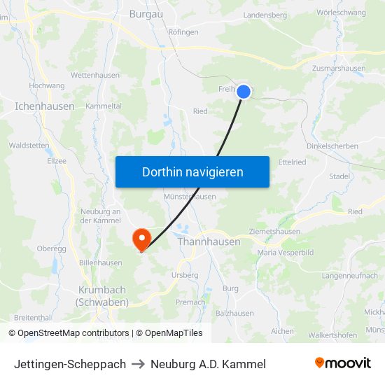 Jettingen-Scheppach to Neuburg A.D. Kammel map