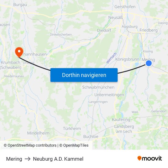 Mering to Neuburg A.D. Kammel map