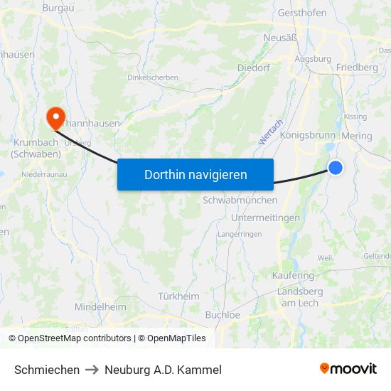 Schmiechen to Neuburg A.D. Kammel map