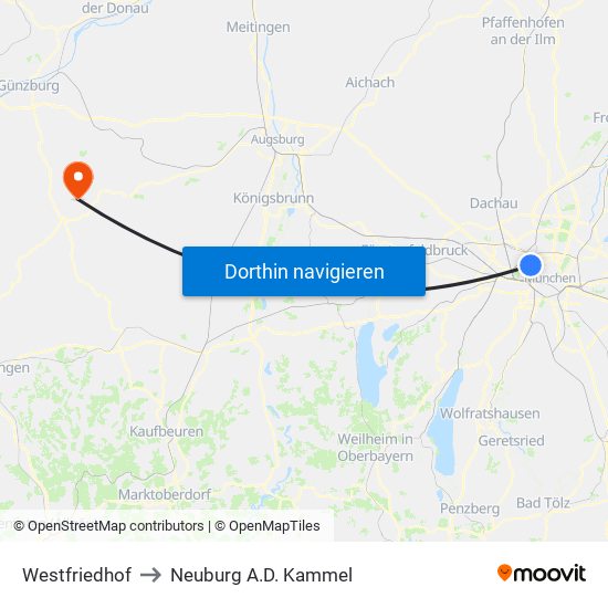 Westfriedhof to Neuburg A.D. Kammel map