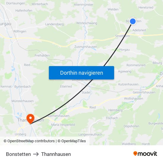 Bonstetten to Thannhausen map