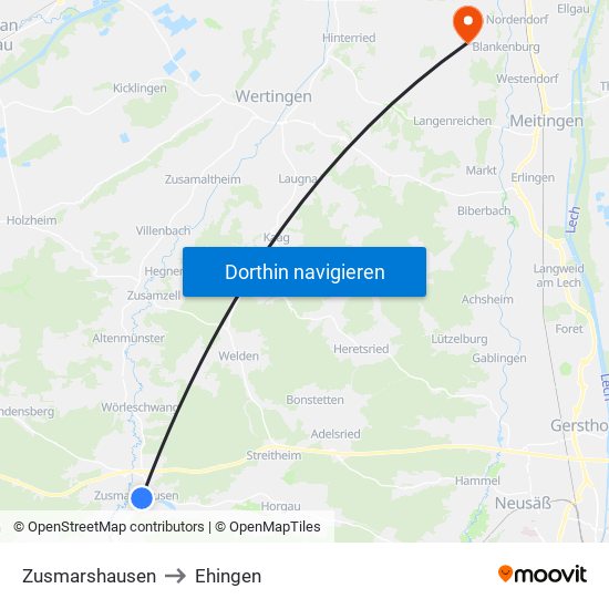 Zusmarshausen to Ehingen map