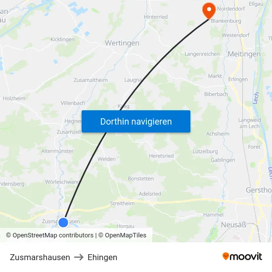 Zusmarshausen to Ehingen map