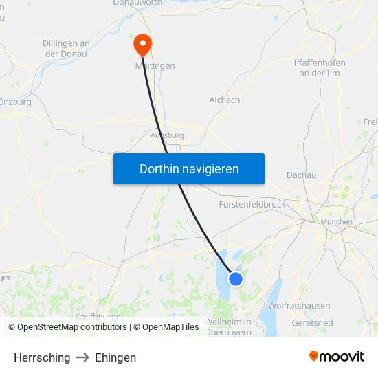 Herrsching to Ehingen map