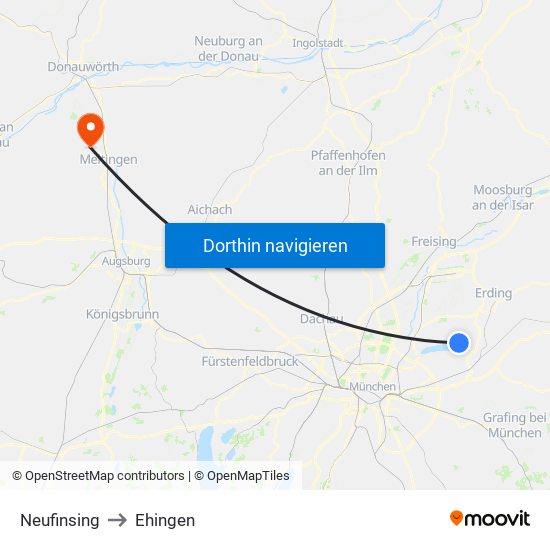 Neufinsing to Ehingen map
