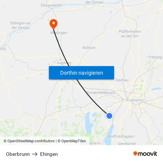 Oberbrunn to Ehingen map