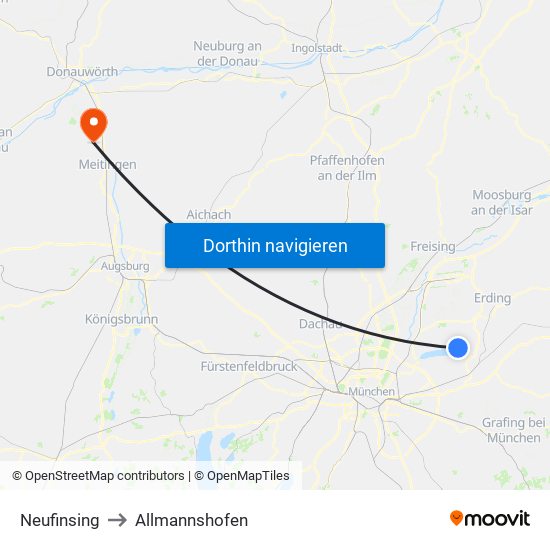 Neufinsing to Allmannshofen map
