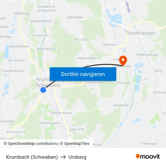 Krumbach (Schwaben) to Ursberg map
