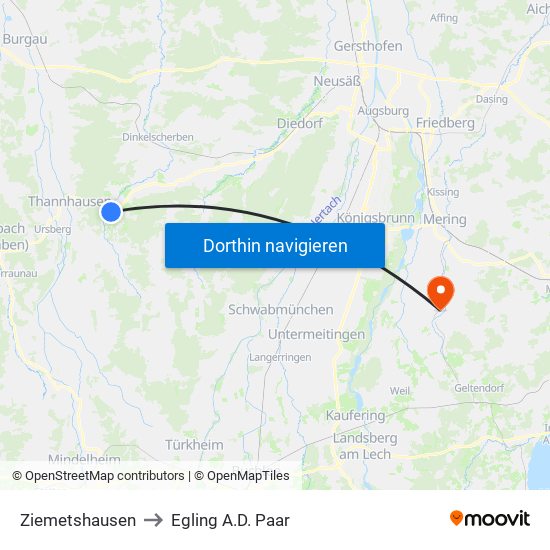 Ziemetshausen to Egling A.D. Paar map