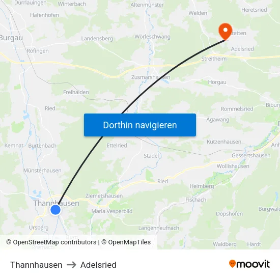 Thannhausen to Adelsried map