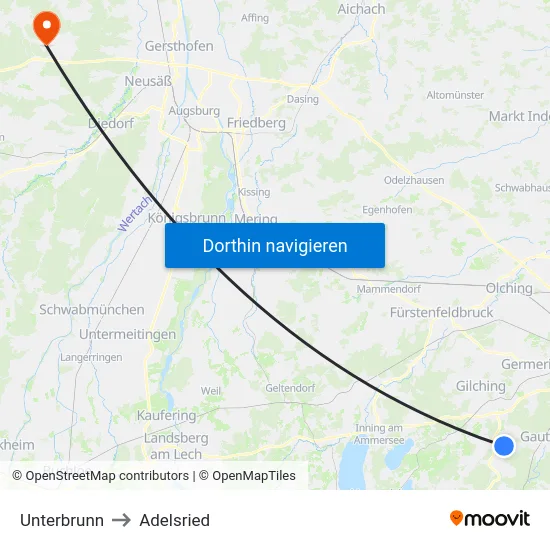Unterbrunn to Adelsried map
