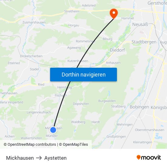 Mickhausen to Aystetten map