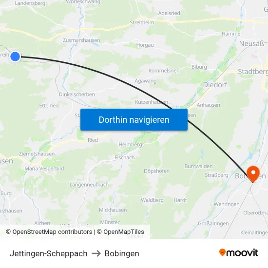Jettingen-Scheppach to Bobingen map