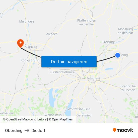 Oberding to Diedorf map