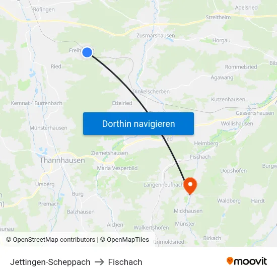 Jettingen-Scheppach to Fischach map