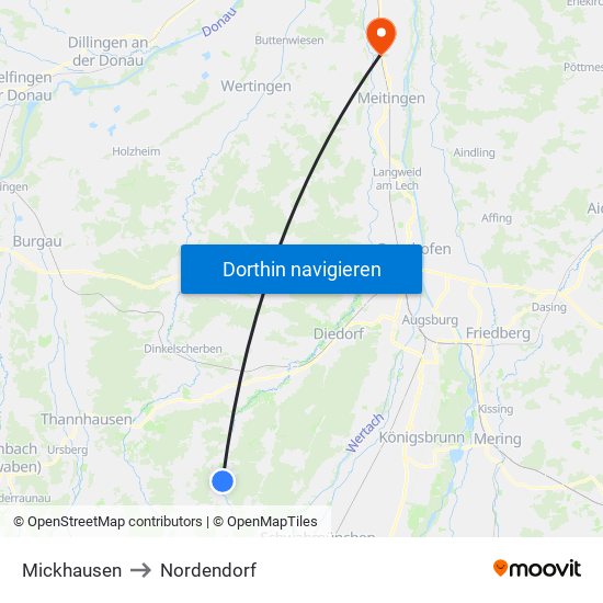 Mickhausen to Nordendorf map