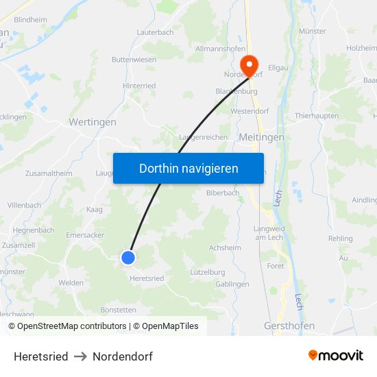 Heretsried to Nordendorf map