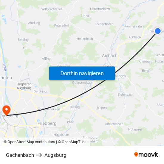 Gachenbach to Augsburg map