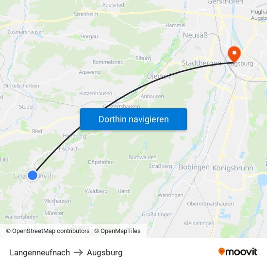 Langenneufnach to Augsburg map