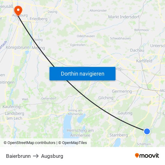 Baierbrunn to Augsburg map