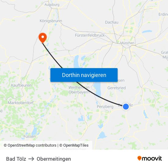 Bad Tölz to Obermeitingen map