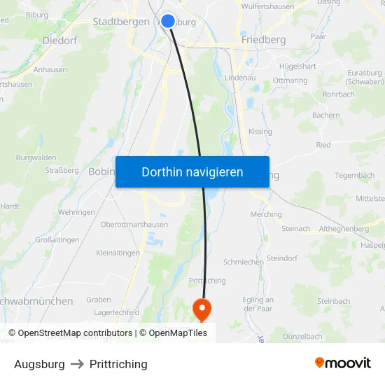 Augsburg to Prittriching map