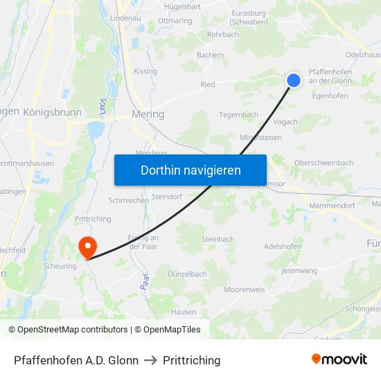 Pfaffenhofen A.D. Glonn to Prittriching map