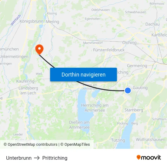 Unterbrunn to Prittriching map