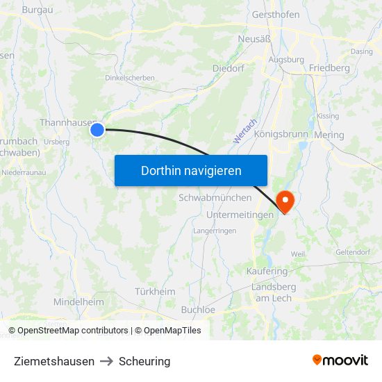 Ziemetshausen to Scheuring map