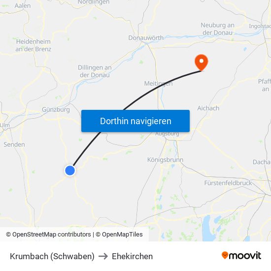 Krumbach (Schwaben) to Ehekirchen map