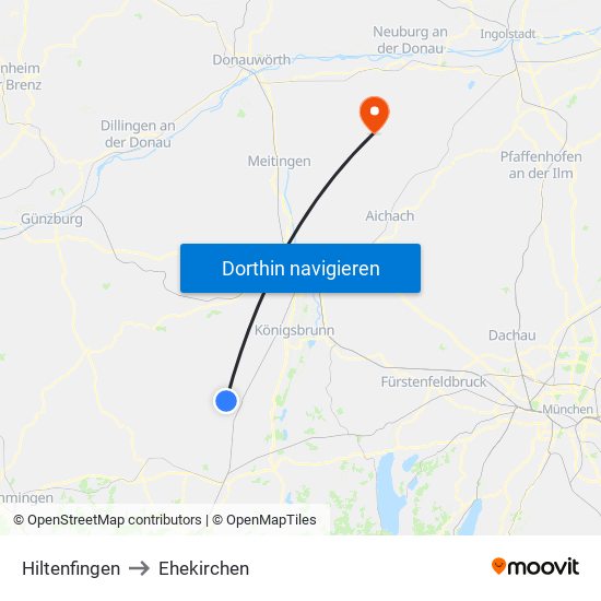 Hiltenfingen to Ehekirchen map