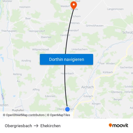 Obergriesbach to Ehekirchen map