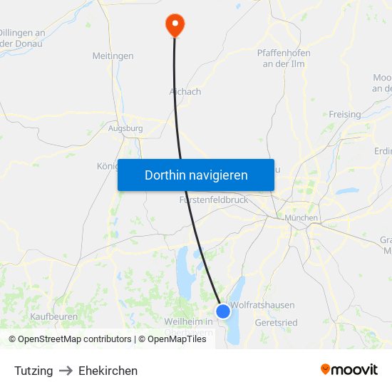 Tutzing to Ehekirchen map
