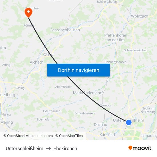 Unterschleißheim to Ehekirchen map