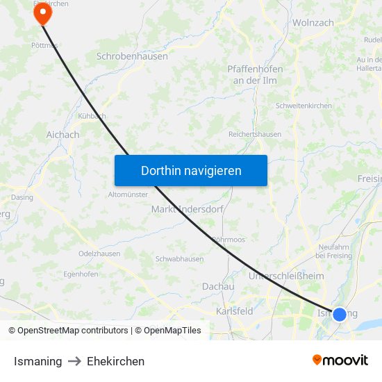 Ismaning to Ehekirchen map