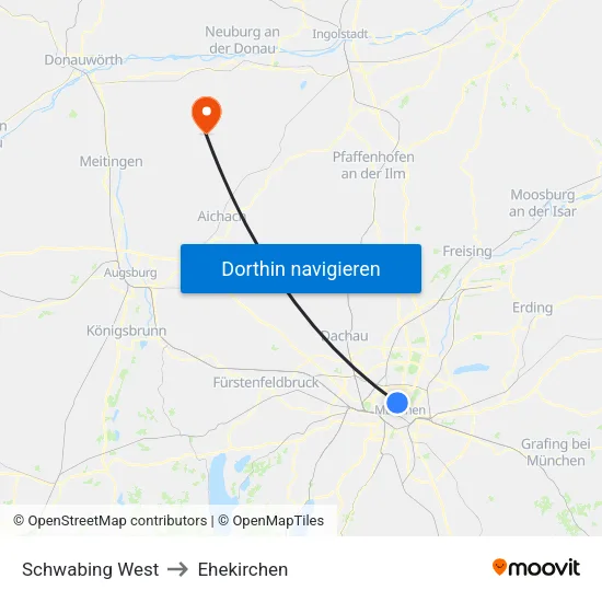 Schwabing West to Ehekirchen map