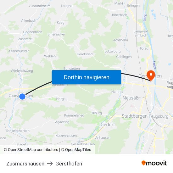 Zusmarshausen to Gersthofen map