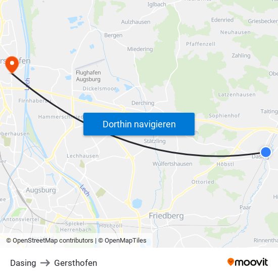 Dasing to Gersthofen map