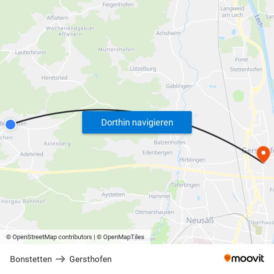 Bonstetten to Gersthofen map