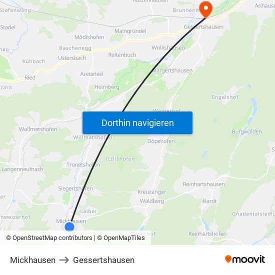 Mickhausen to Gessertshausen map