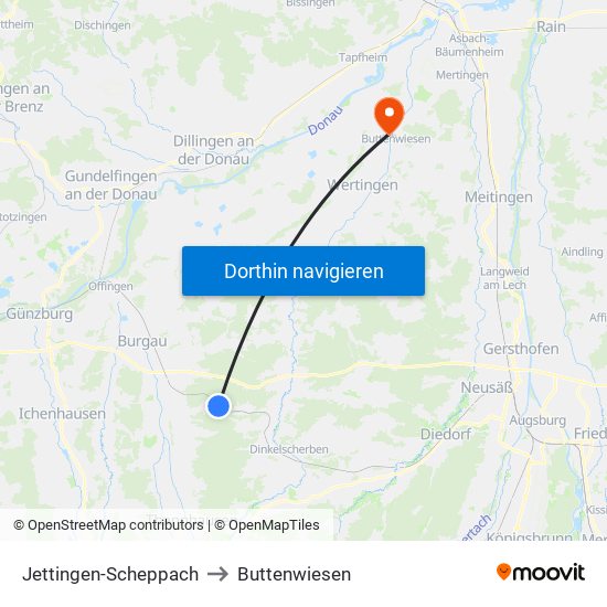 Jettingen-Scheppach to Buttenwiesen map