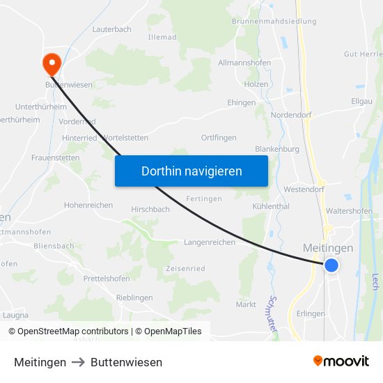 Meitingen to Buttenwiesen map